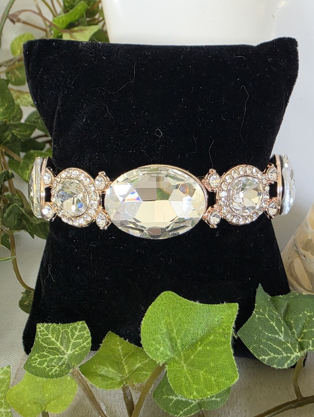 Rose Gold Chunky Cubic Zirconia Stretch Bracelet Crystal Halo Statement